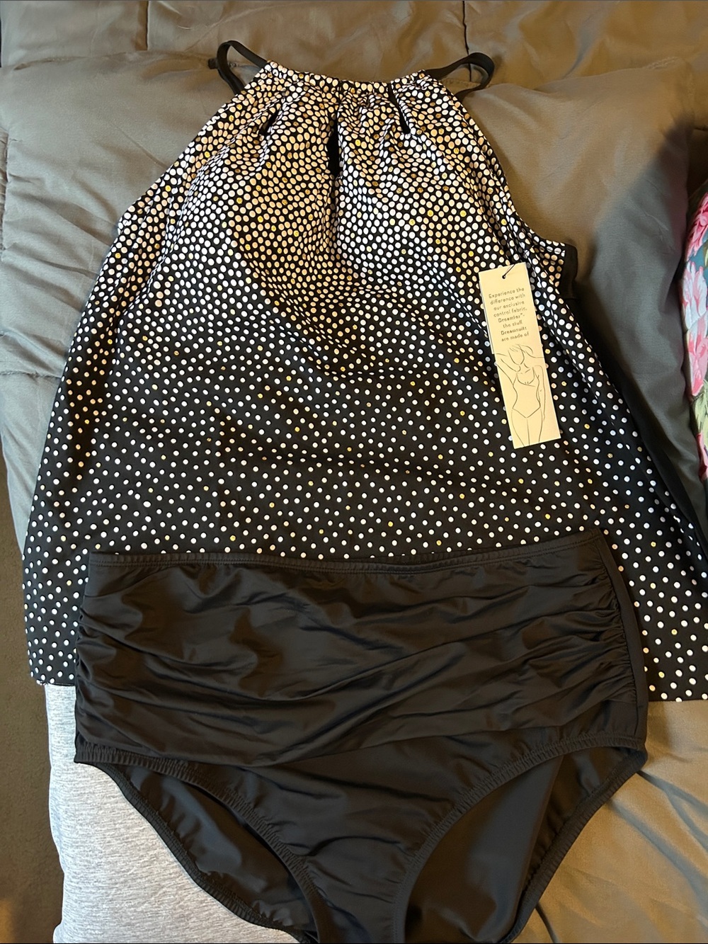 Dreamsuit Black & White Polka Dot Halter Tankini with Black High-Waist Bottoms